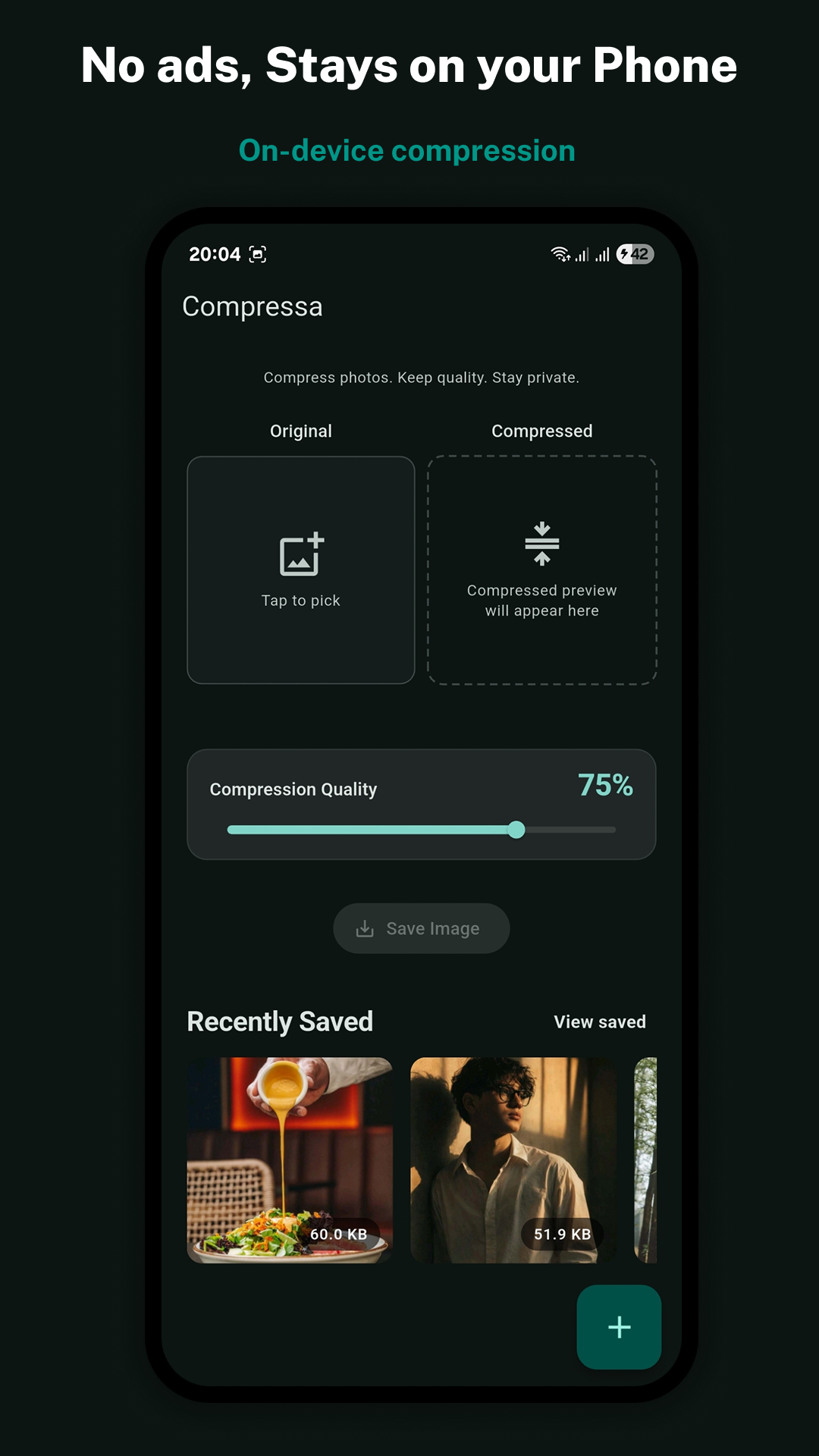 Compressa home screen on a phone, showing original and compressed image slots with a quality slider.