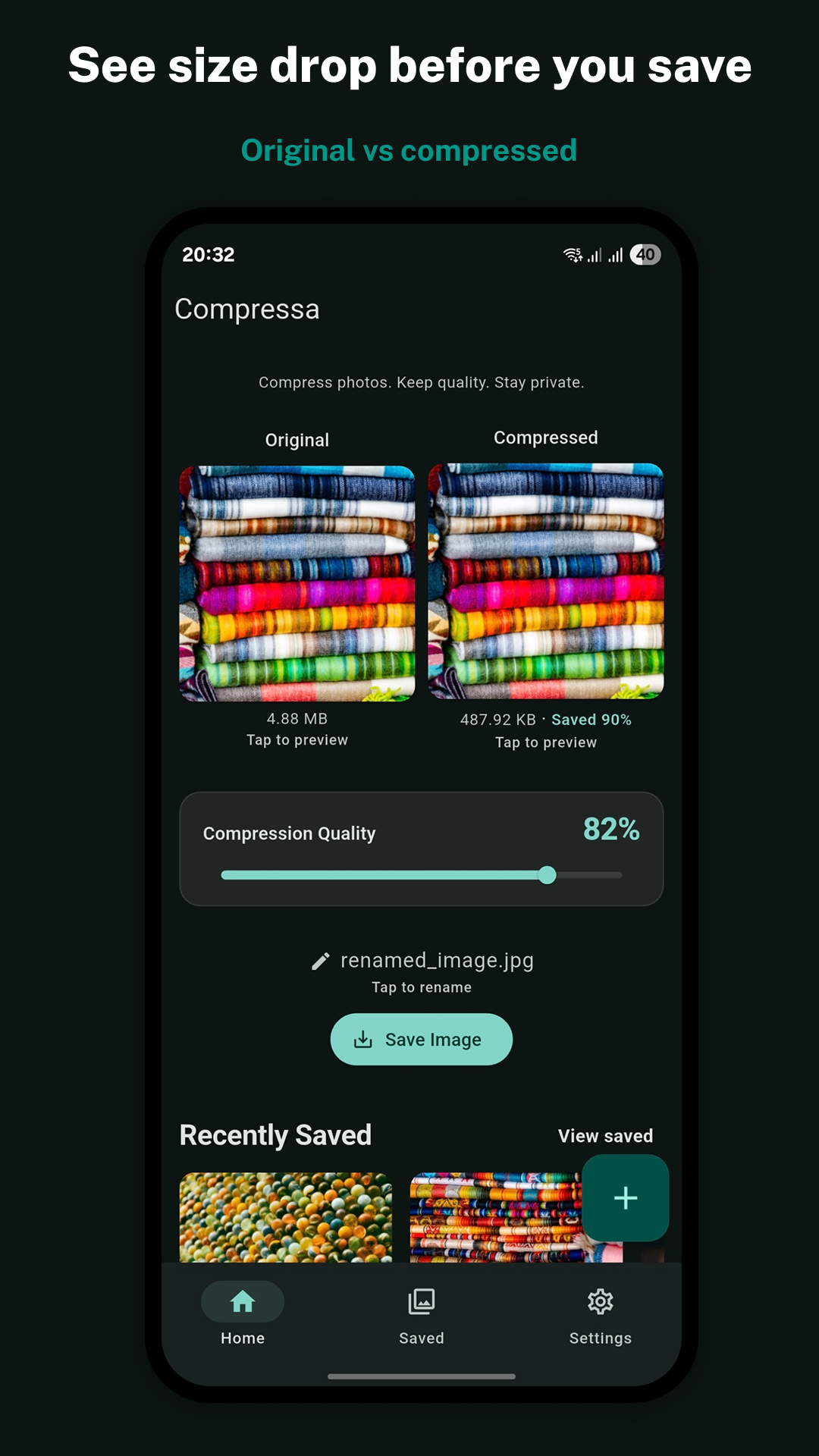 Compressa app screenshot — original photo at 4.88 MB compressed to 487 KB, saving 90%, on a dark phone screen.