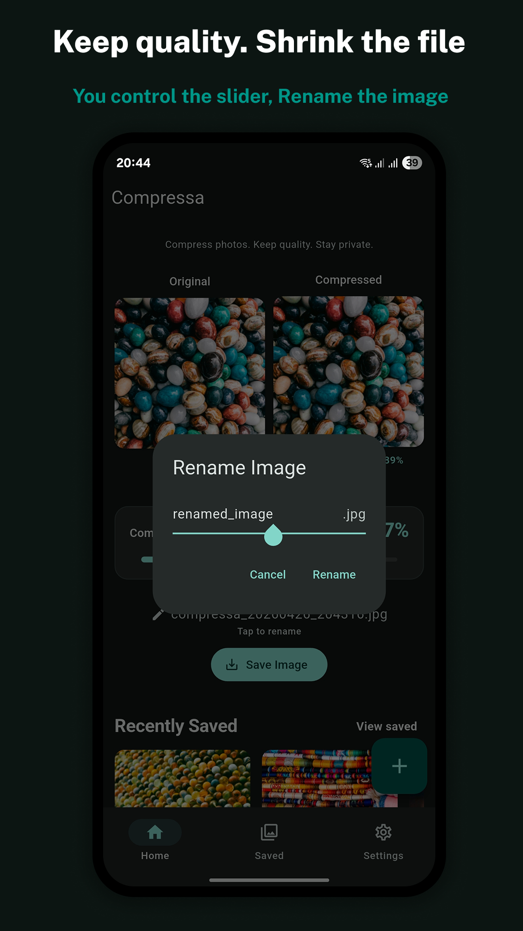 Compressa rename dialog overlay, with the original photo, slider, and save button visible behind it.